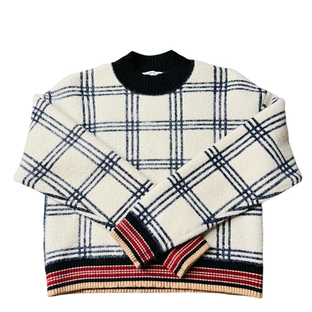 MNG Casual Women’s Plaid Crewneck Sweater - Ivory and Blue Size XS